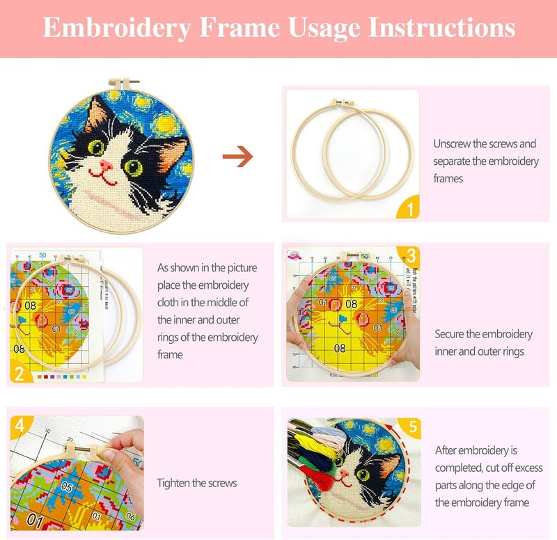 Zhenqing Night Sky Cats Cross Stitch Kit - 3-Piece Set with Pre-Printed 11CT 24x24cm Fabric, Hoop & Tools, Starry Night Theme for Beginners (70413) - Image 4